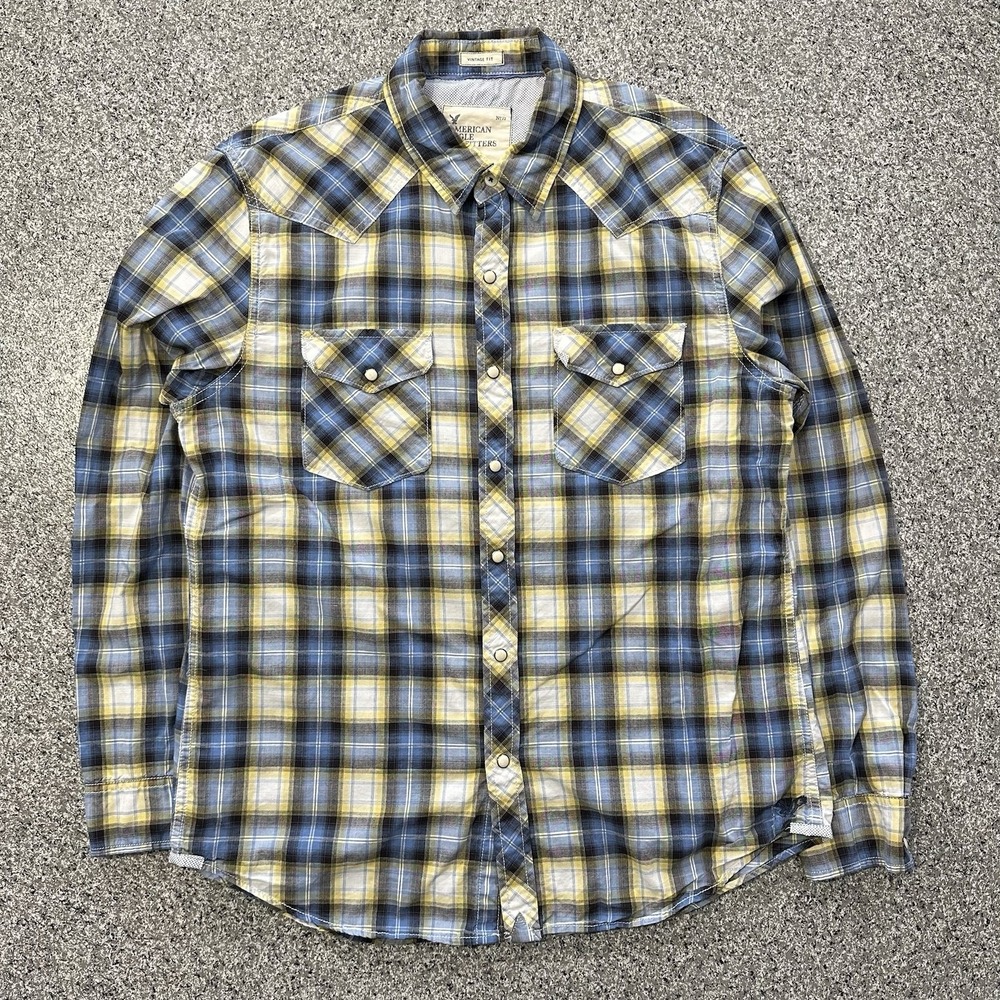 American Eagle Long Sleeve Shirt Mens L Vintage Fit Pearl Snap Western Plaid